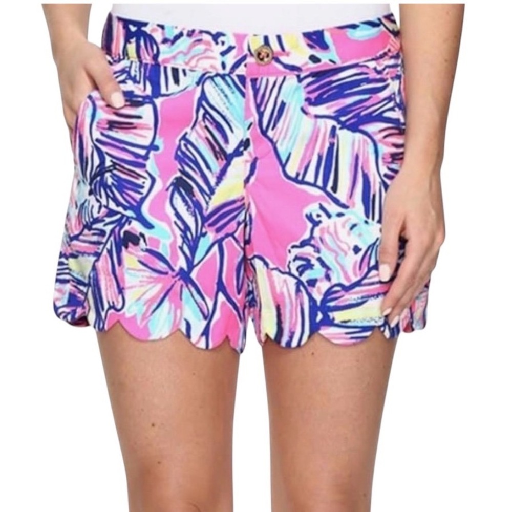 Lilly Pulitzer Buttercup Scalloped Shorts Pink Tropical Palm Leaf Size‎ 12